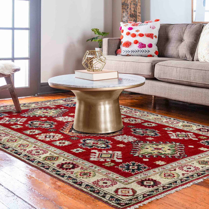 Red Afghan Kazak Rug 2' 9" x 3' 11" Hand-Knotted | No. AL24441