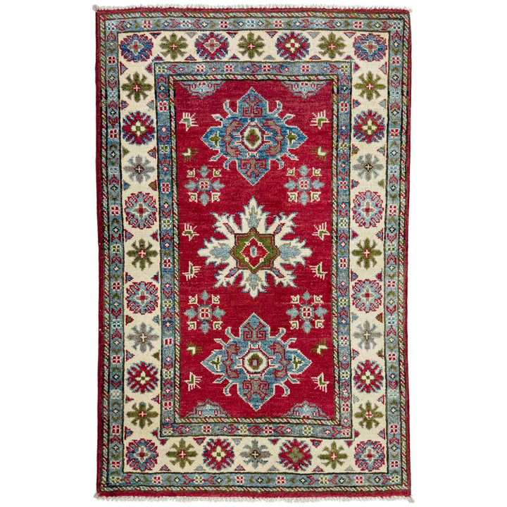 Red Afghan Kazak Rug 2' 7" x 4' 1" Hand-Knotted | No. AL77698