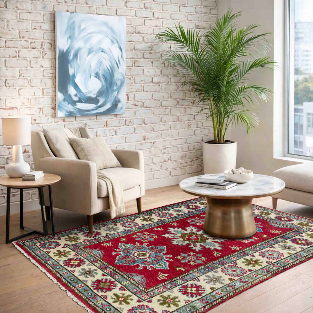 Red Afghan Kazak Rug 2' 7" x 4' 1" Hand-Knotted | No. AL77698