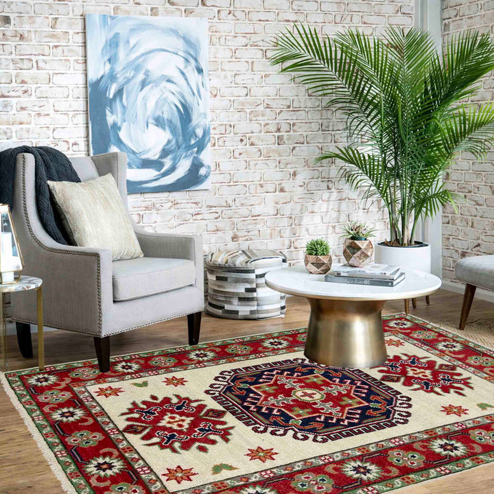 Beige Afghan Kazak Rug 2' 11" x 4' 1" Hand-Knotted | No. AL14061