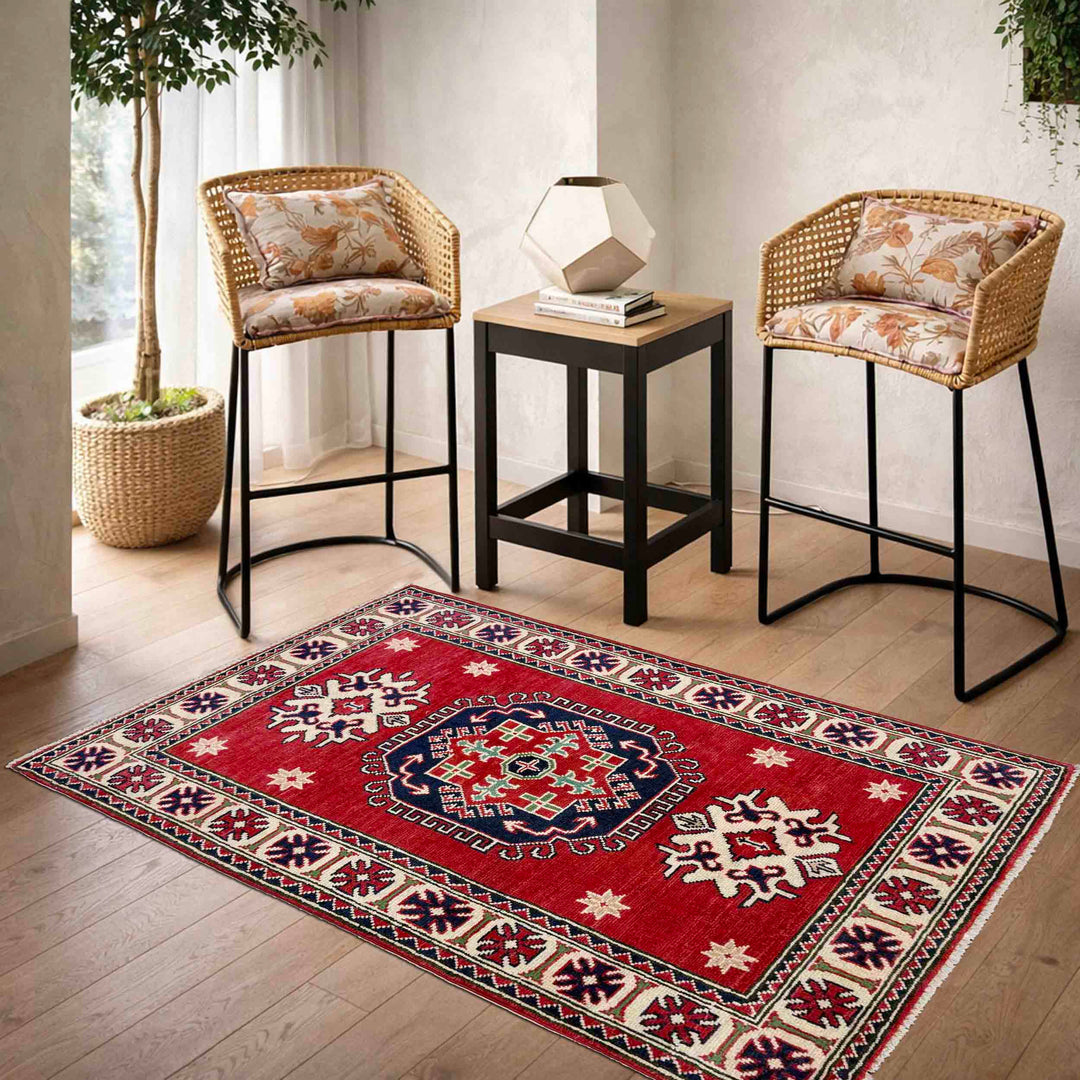 Red Afghan Kazak Rug 2' 9" x 4' 2" Hand-Knotted | No. AL89425