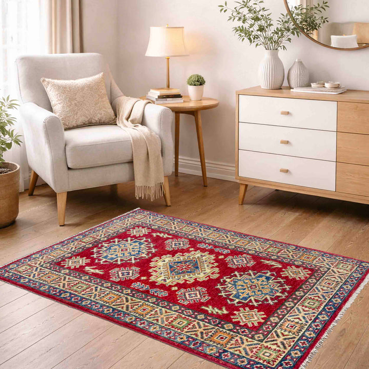 Red Afghan Kazak Rug 2' 7" x 3' 11" Hand-Knotted texture
