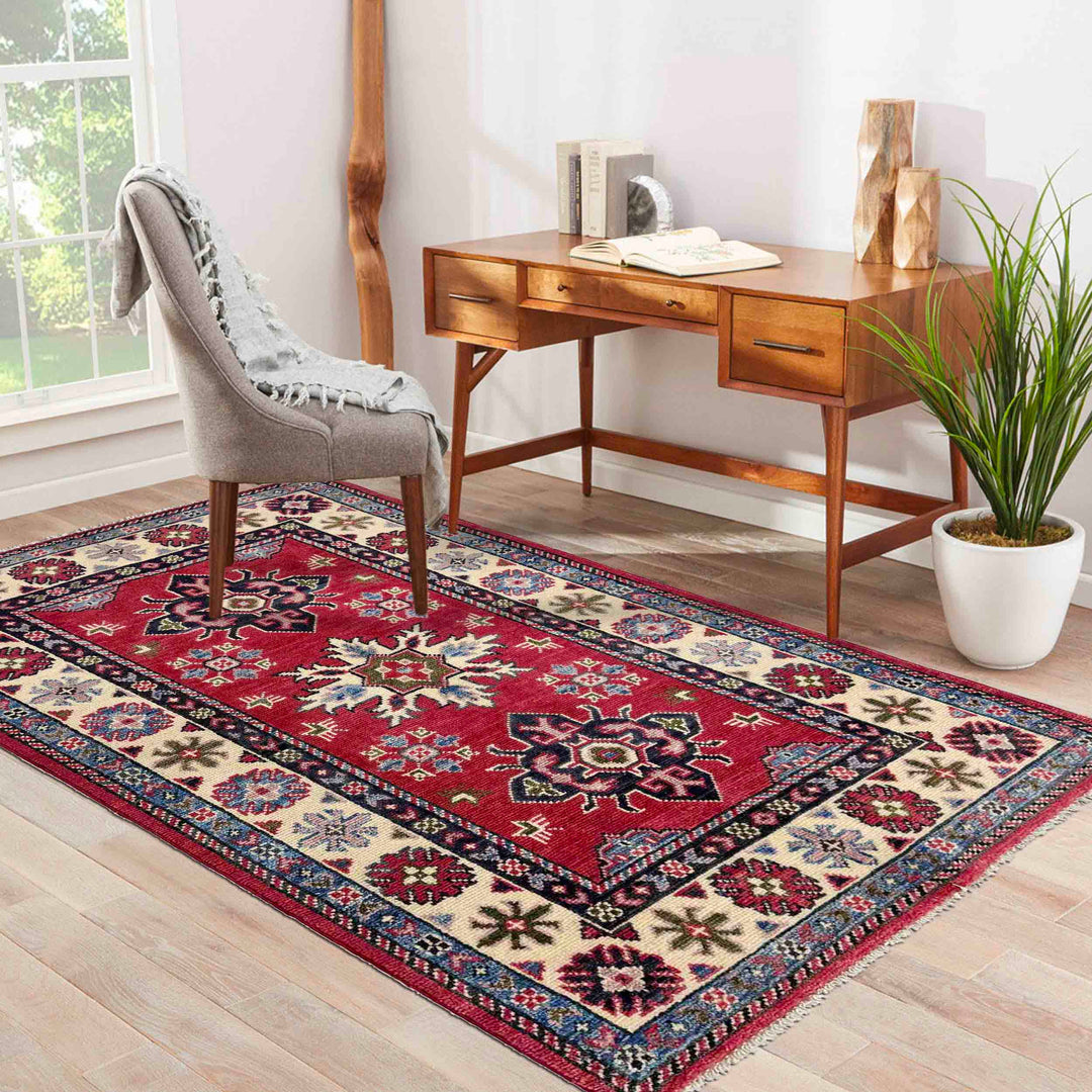 Red Afghan Kazak Rug 2' 7" x 4' 1" Hand-Knotted texture