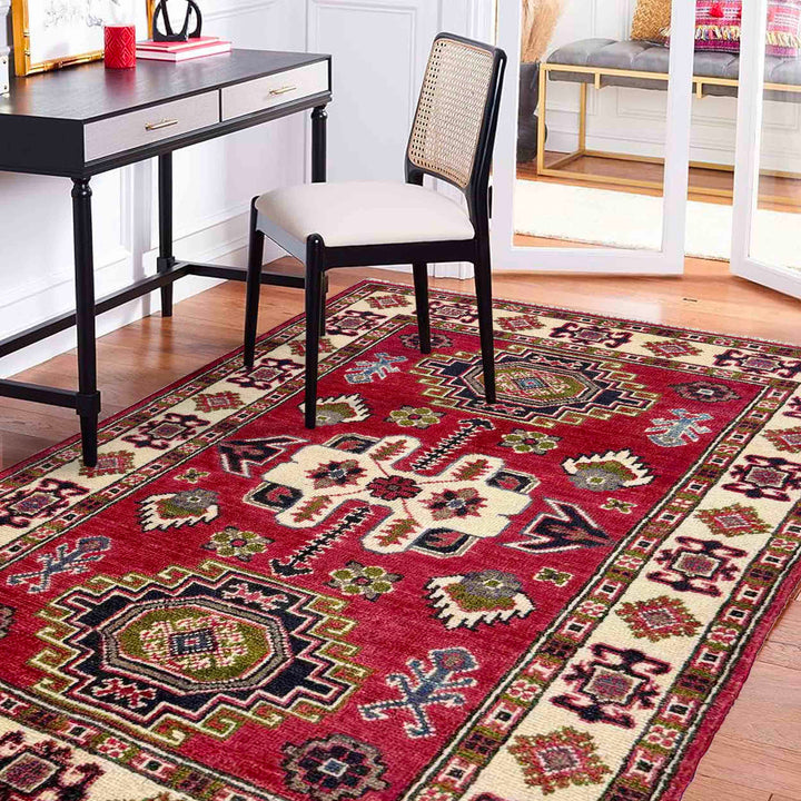 Red Afghan Kazak Rug 2' 7" x 4' 2" Hand-Knotted texture