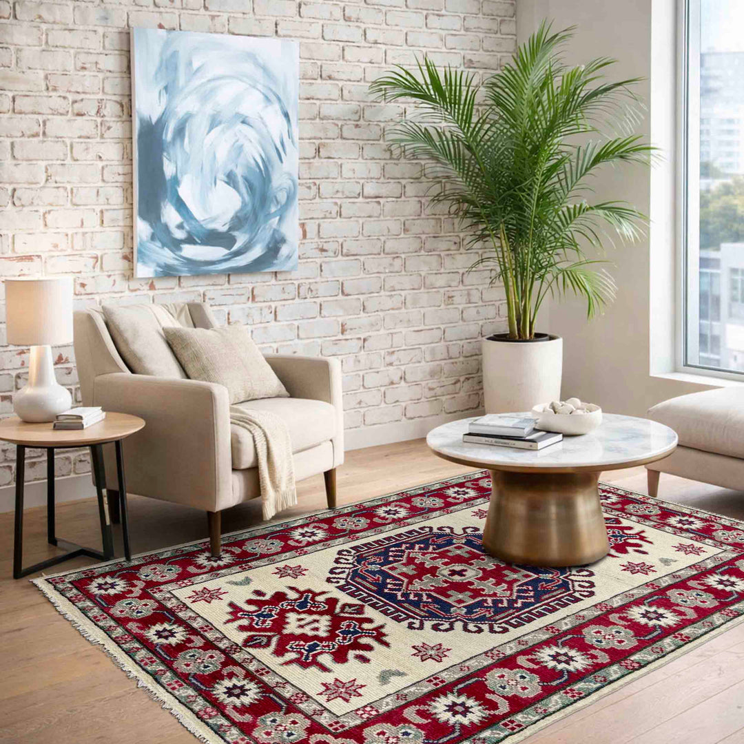 Beige Afghan Kazak Rug 2' 8" x 4' 2" Hand-Knotted | No. AL38436