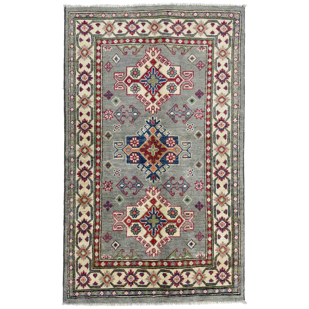 Gray Afghan Kazak Rug 2' 8" x 4' 5" Hand-Knotted