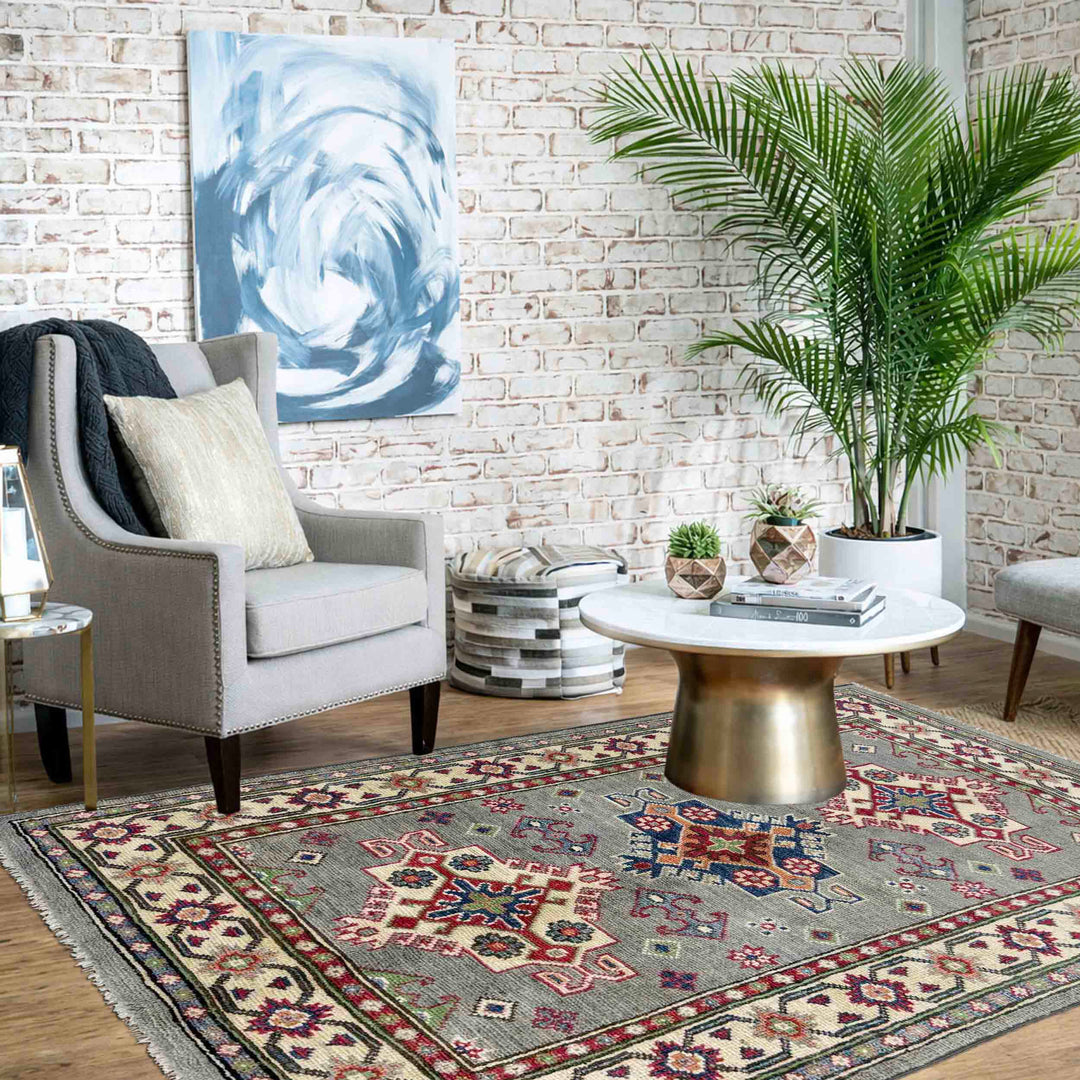 Gray Afghan Kazak Rug 2' 8" x 4' 5" Hand-Knotted texture