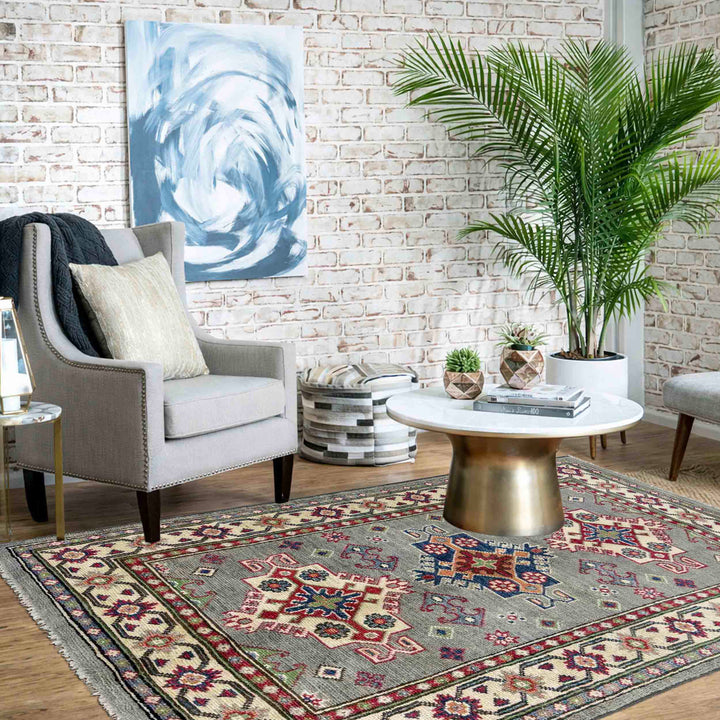 Gray Afghan Kazak Rug 2' 8" x 4' 5" Hand-Knotted texture
