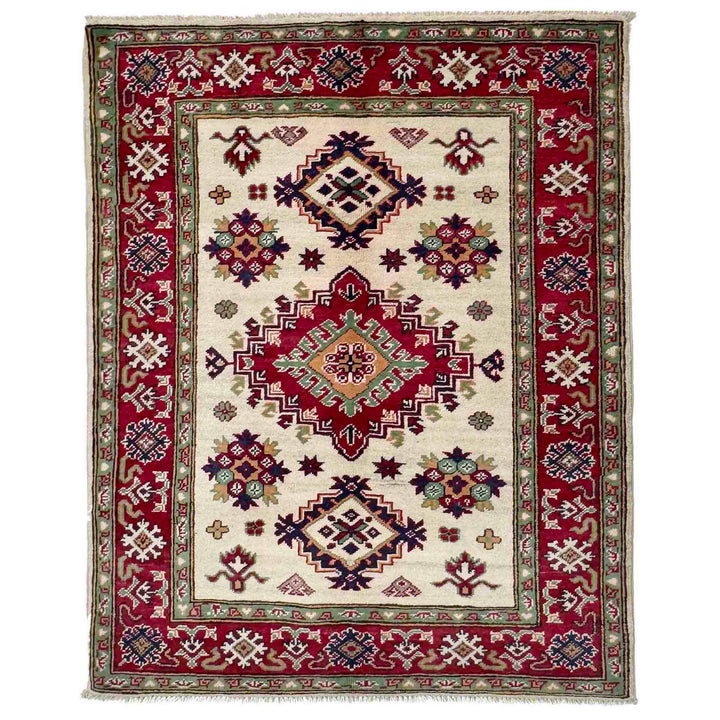 Beige Afghan Kazak Rug 3'2" x 4'3" Hand-Knotted | No. AL52629