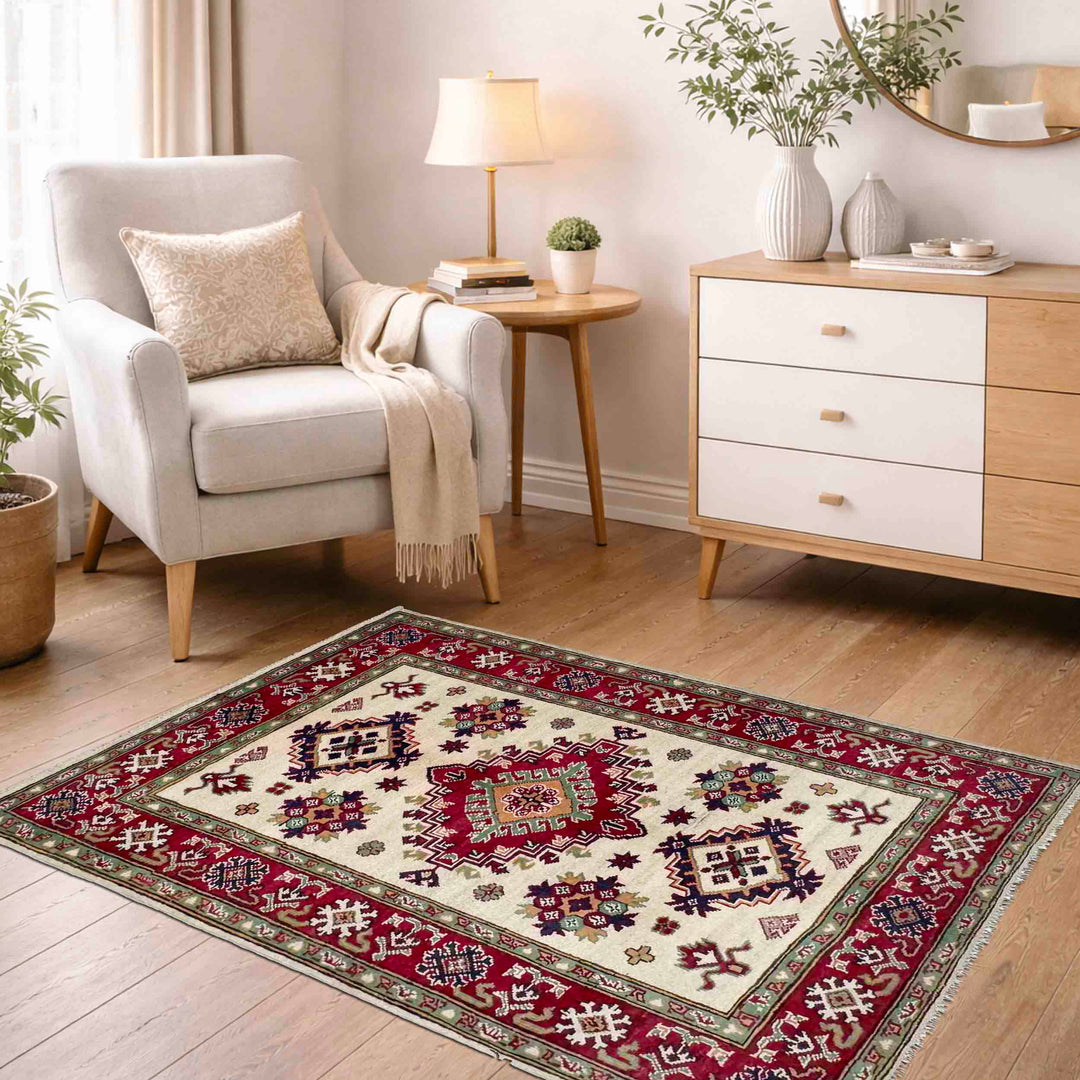 Beige Afghan Kazak Rug 3'2" x 4'3" Hand-Knotted | No. AL52629