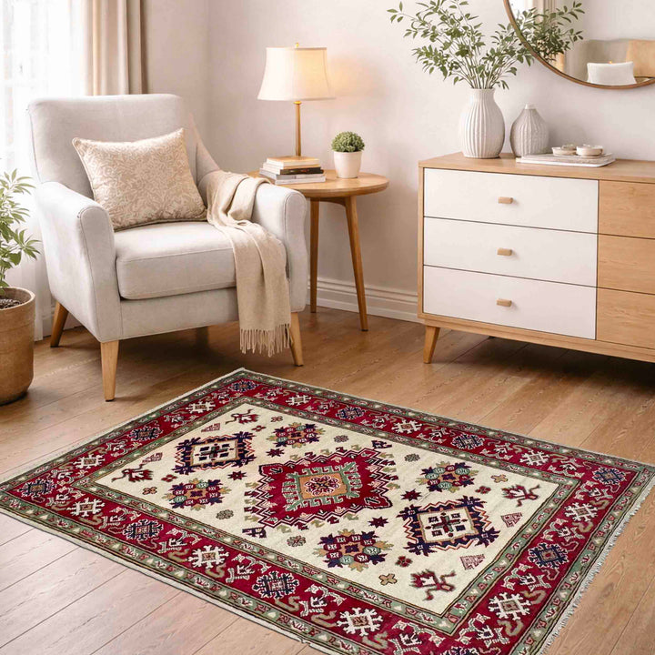 Beige Afghan Kazak Rug 3'2" x 4'3" Hand-Knotted | No. AL52629