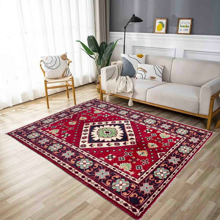 Red Afghan Kazak Rug 3' 1" x 5' 0" Hand-Knotted | No. AL45300