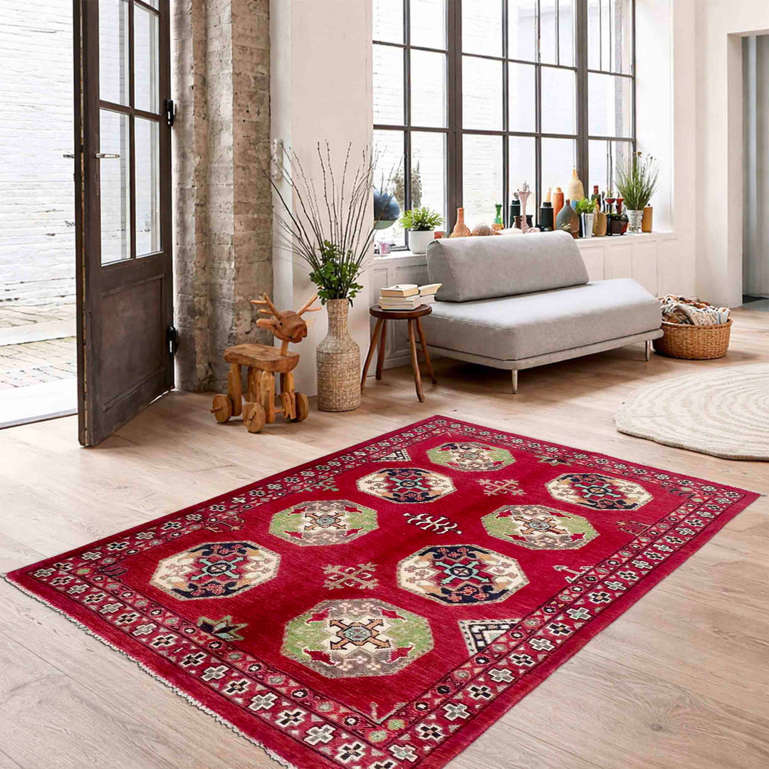 Red Afghan Waziri Rug 3' 1" x 4' 9" Hand-Knotted | No. AL29031
