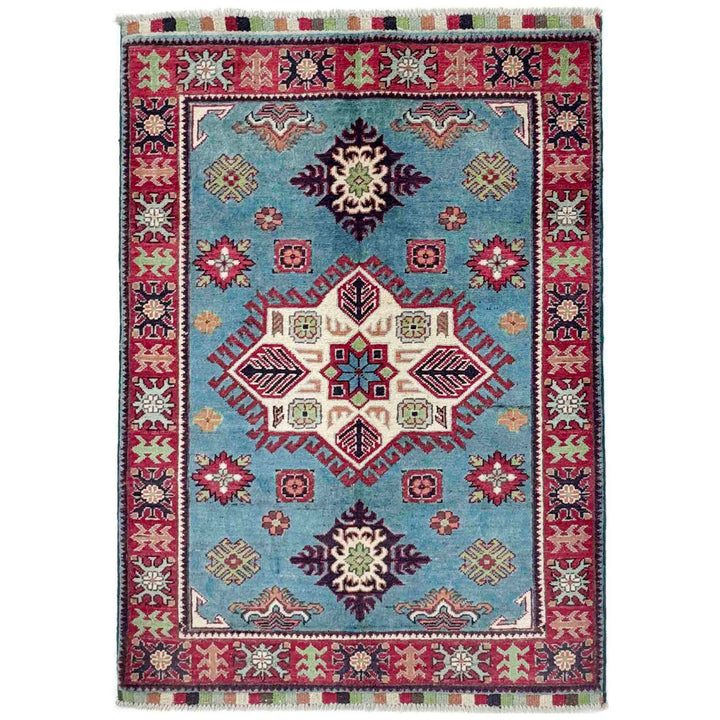 Blue Afghan Kazak Rug 3' 3" x 4' 8" Hand-Knotted | No. AL88151