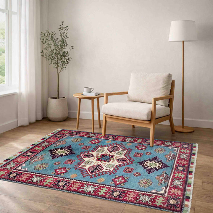 Blue Afghan Kazak Rug 3' 3" x 4' 8" Hand-Knotted | No. AL88151