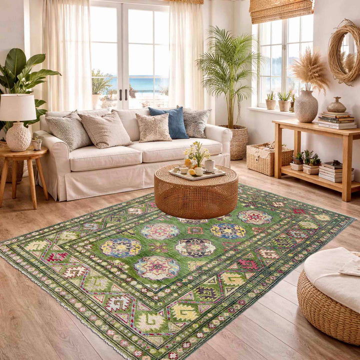 Green Afghan Oriental Rug 3' 11" x 6' 3" Hand-Knotted | No. AL24702