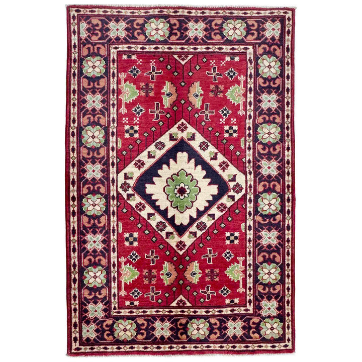 Red Afghan Kazak Rug 3' 3" x 4' 10" Hand-Knotted