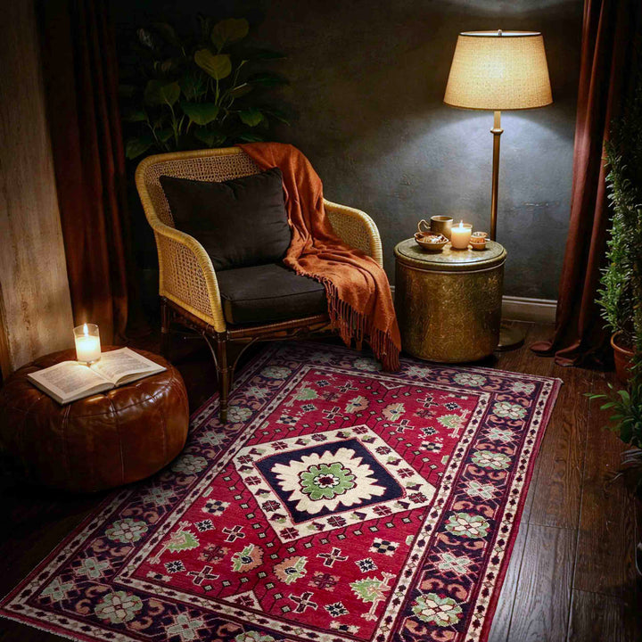 Red Afghan Kazak Rug 3' 3" x 4' 10" Hand-Knotted texture