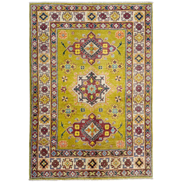 Yellow Afghan Kazak Rug 3' 5" x 4' 10" Hand-Knotted | No. AL13849