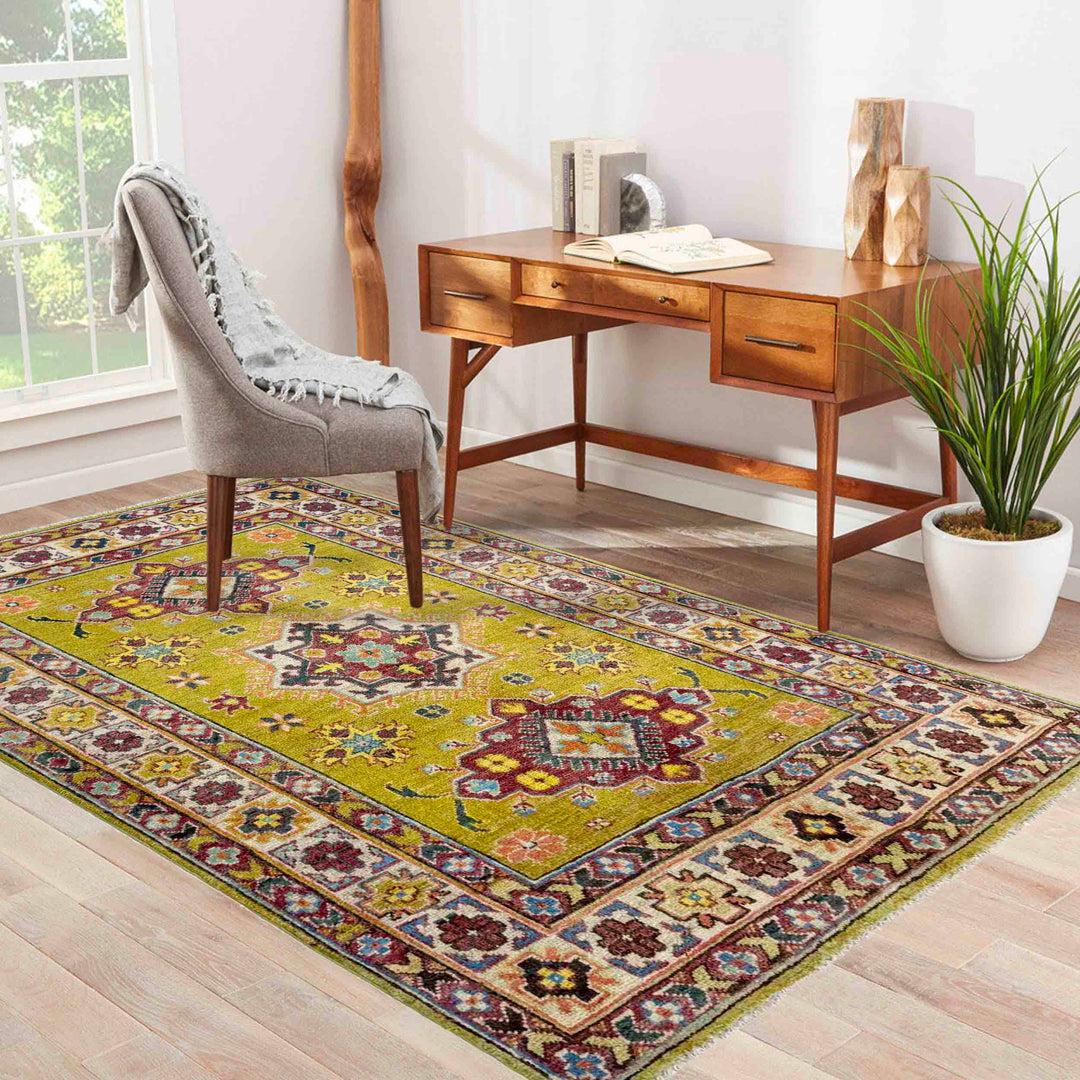 Yellow Afghan Kazak Rug 3' 5" x 4' 10" Hand-Knotted | No. AL13849