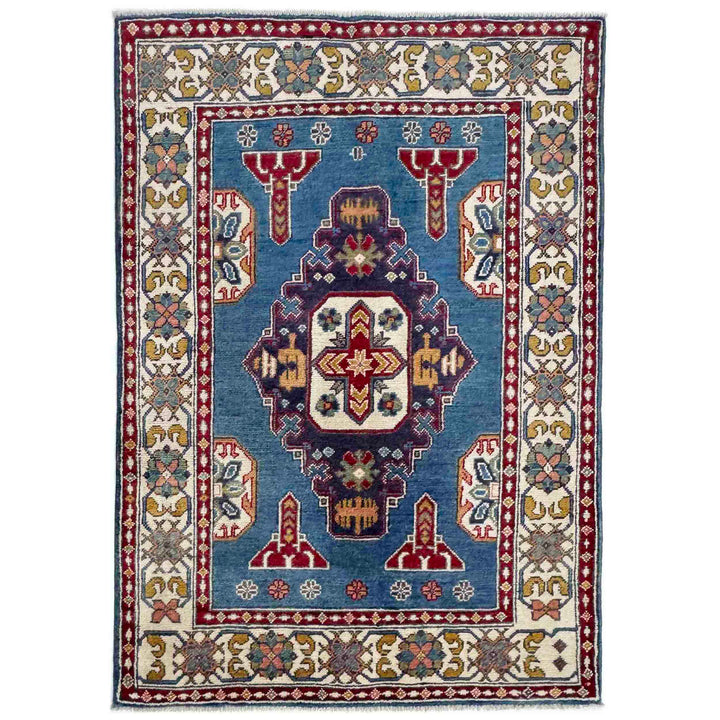 Blue Afghan Kazak Rug 3' 3" x 4' 9" Hand-Knotted | No. AL98740