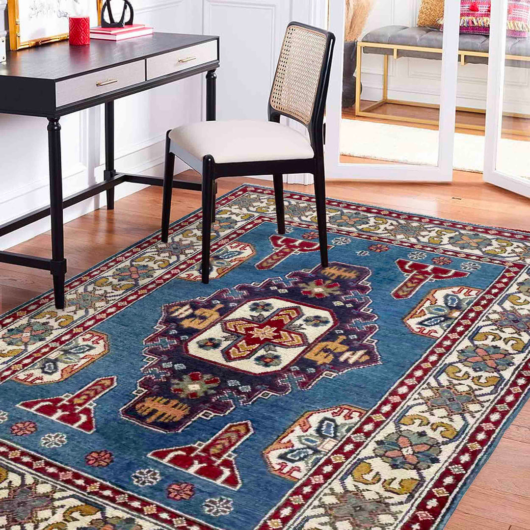 Blue Afghan Kazak Rug 3' 3" x 4' 9" Hand-Knotted | No. AL98740