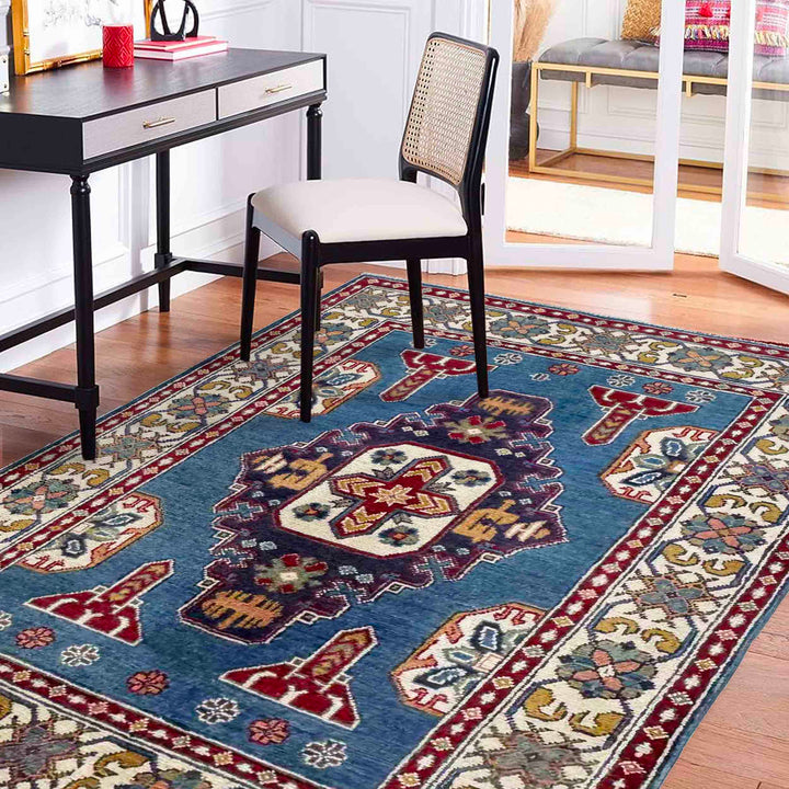 Blue Afghan Kazak Rug 3' 3" x 4' 9" Hand-Knotted | No. AL98740