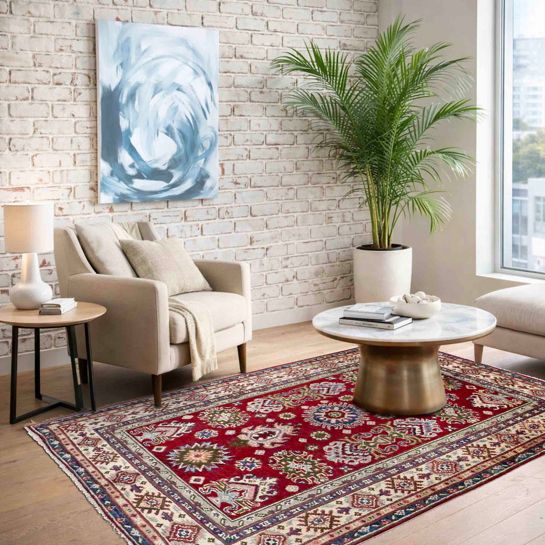 Red Afghan Kazak Rug 3' 6" x 5' 0" Hand-Knotted texture