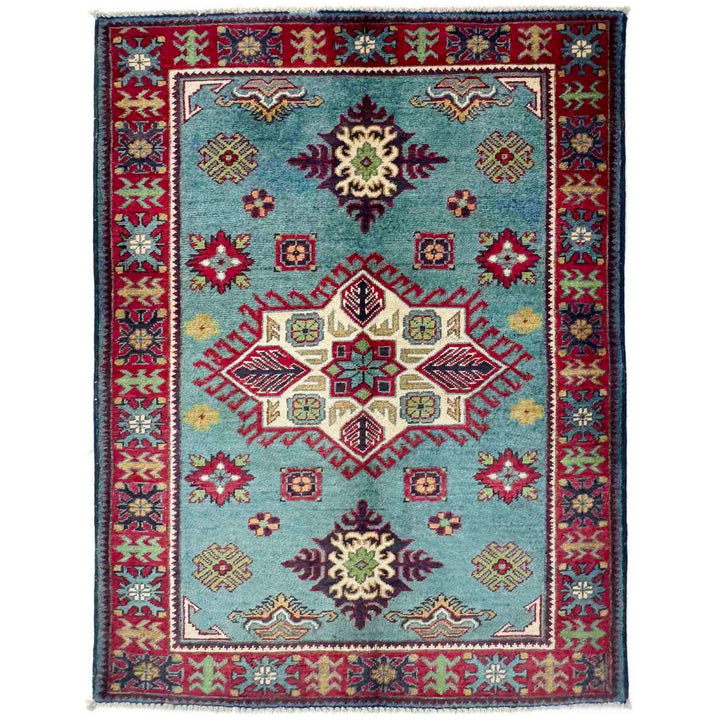 Blue Afghan Kazak Rug 3' 2" x 4' 8" Hand-Knotted | No. AL70027