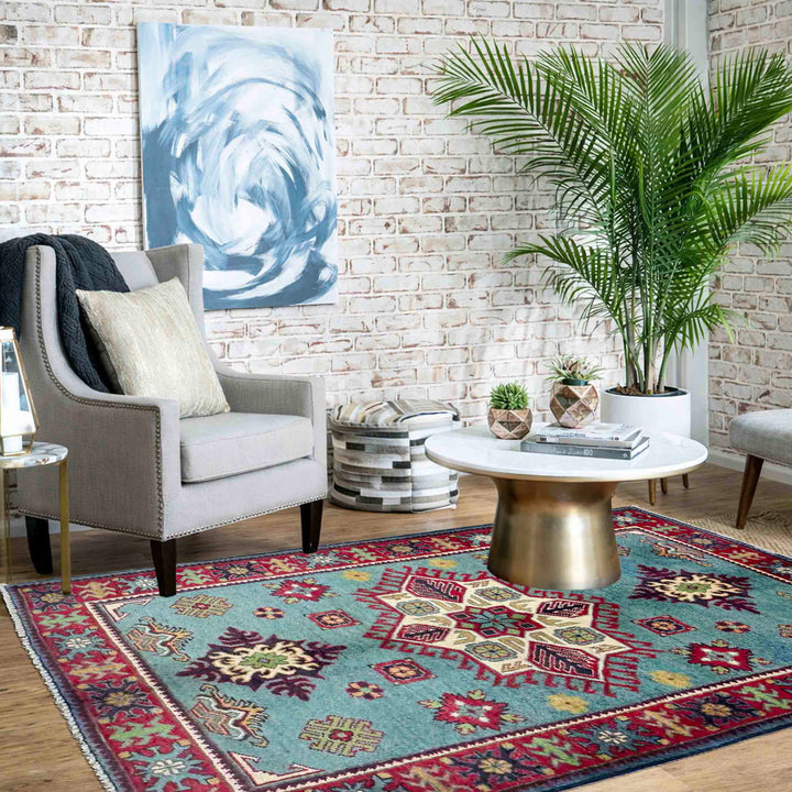 Blue Afghan Kazak Rug 3' 2" x 4' 8" Hand-Knotted | No. AL70027