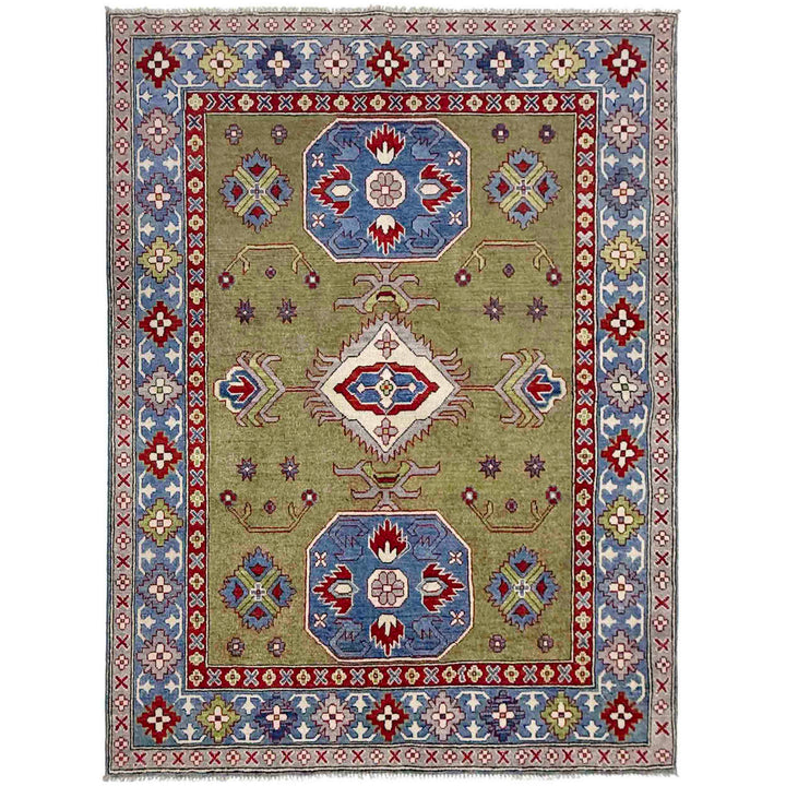 Green Afghan Kazak Rug 5' 2" x 6' 10" Hand-Knotted | No. AL73488