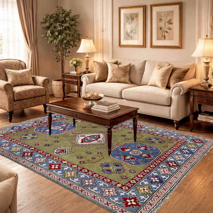 Green Afghan Kazak Rug 5' 2" x 6' 10" Hand-Knotted | No. AL73488