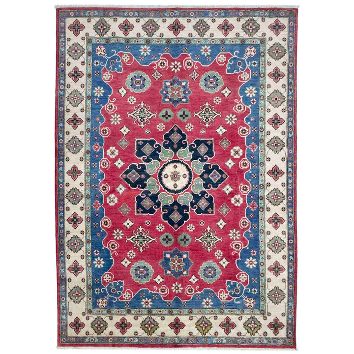Red Afghan Kazak Rug 6' 7" x 10' 0" Hand-Knotted | No. AL75246