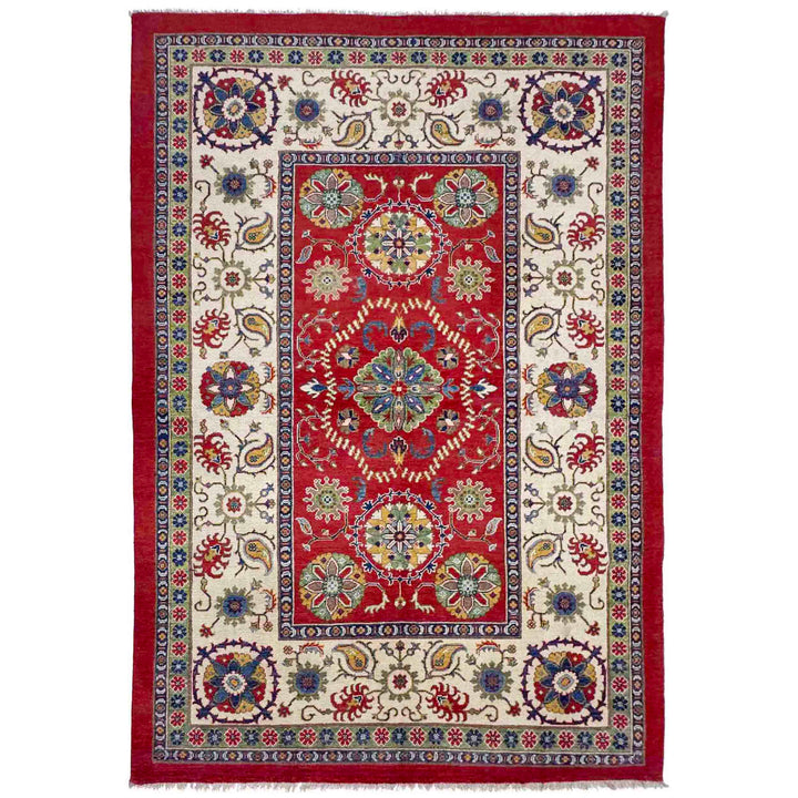 Red Afghan Kazak Rug 5' 10" x 8' 11" Hand-Knotted | No. AL85636