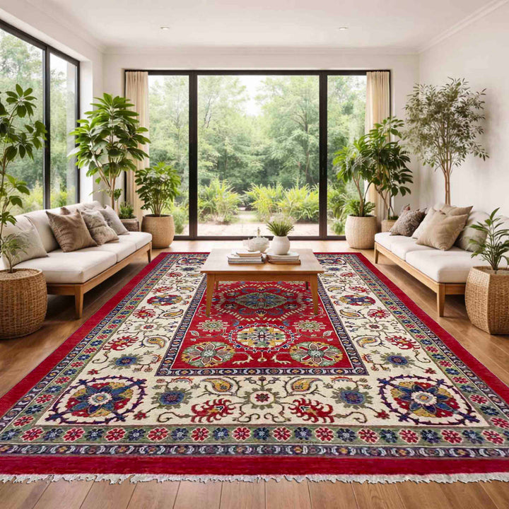 Red Afghan Kazak Rug 5' 10" x 8' 11" Hand-Knotted | No. AL85636