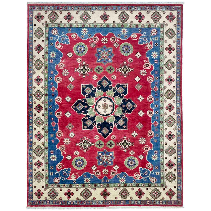 Red Afghan Kazak Rug 6' 7" x 9' 10" Hand-Knotted