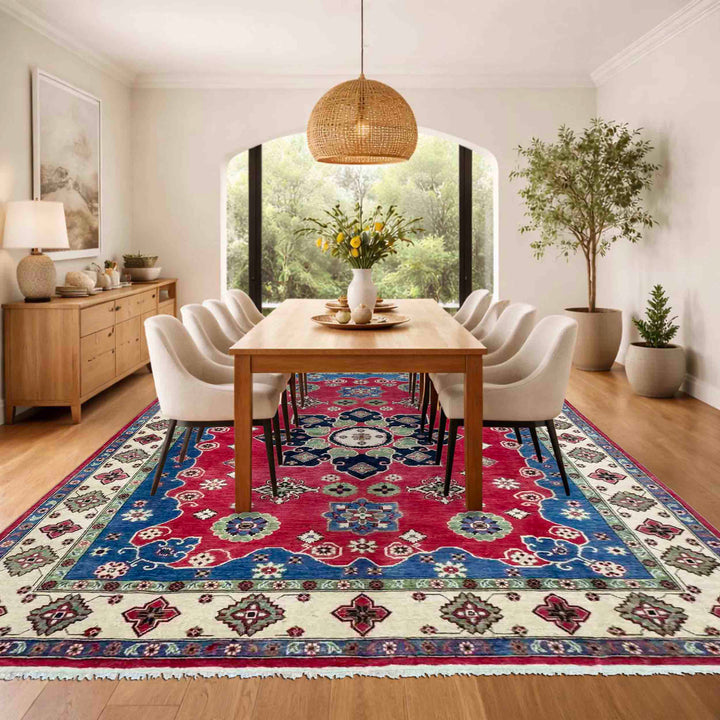Red Afghan Kazak Rug 6' 7" x 9' 10" Hand-Knotted texture