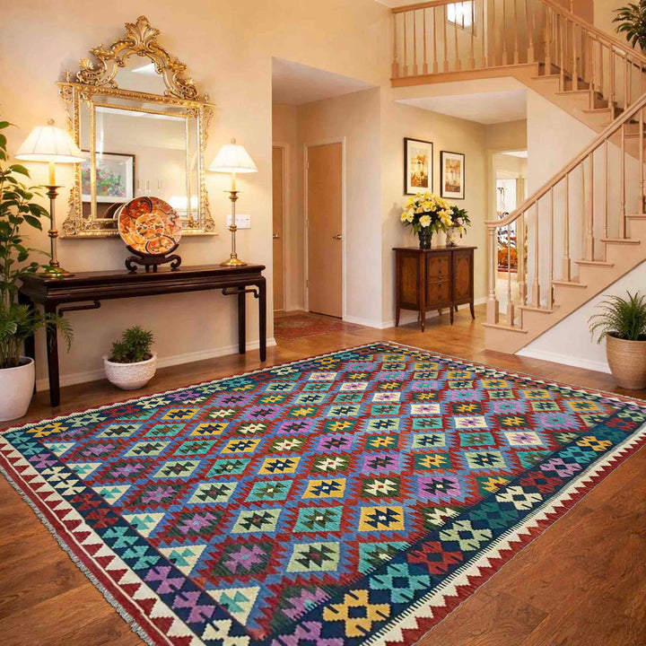 Afghan Vegetable Kilim Rug 6' 8" x 9' 11" Flat-Weave reverse