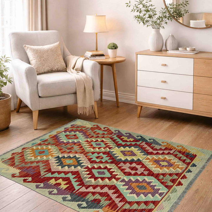 Afghan Vegetable Kilim Rug 3' 3" x 4' 8" Flat-Weave reverse