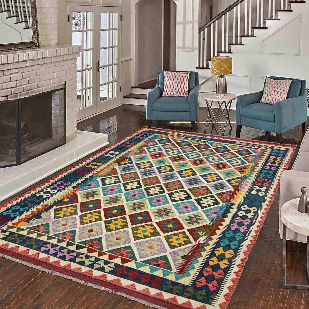 Afghan Vegetable Kilim Rug 5' 9" x 8' 5" Flat-Weave reverse