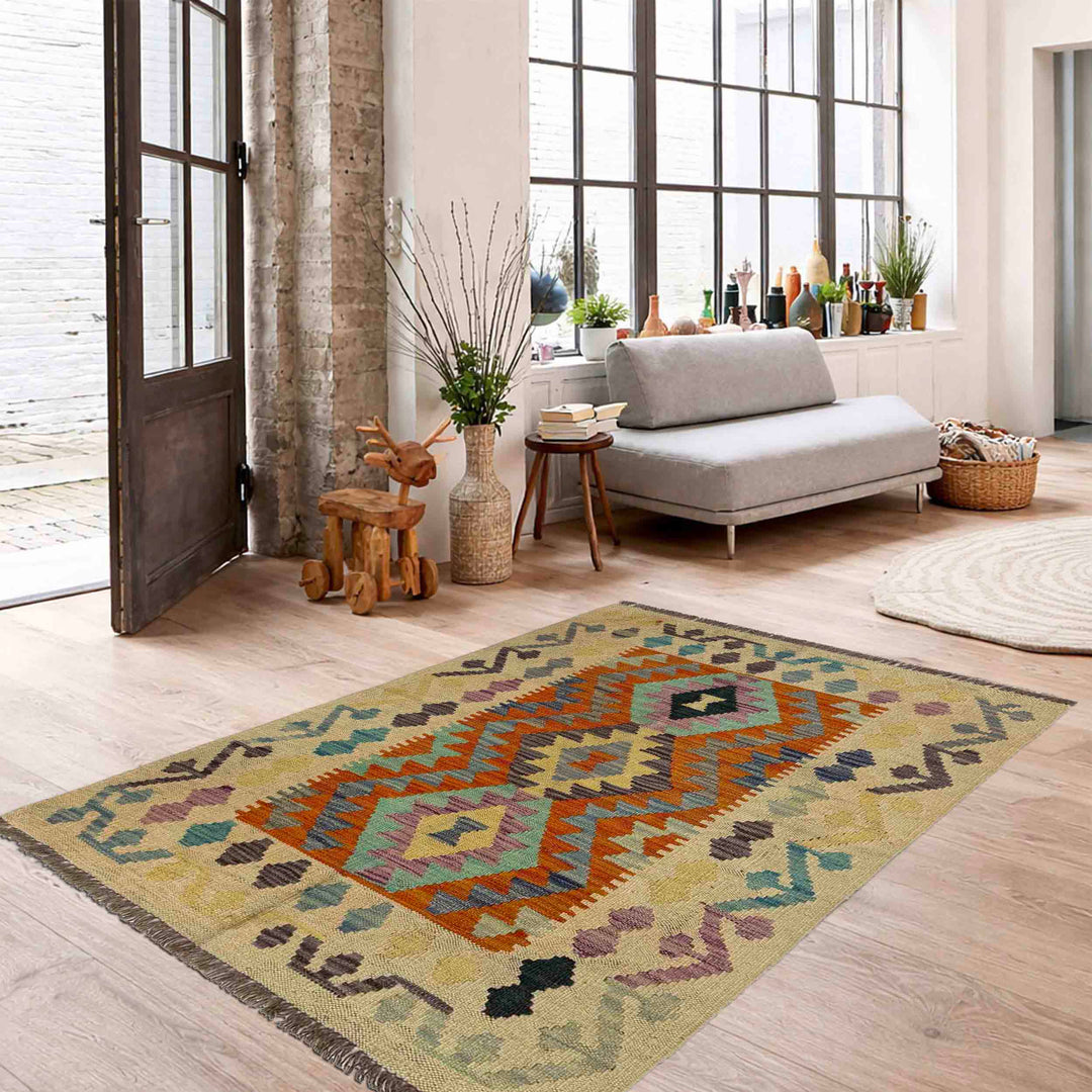 Afghan Vegetable Kilim Rug 2' 8" x 4' 1" Flat-Weave reverse