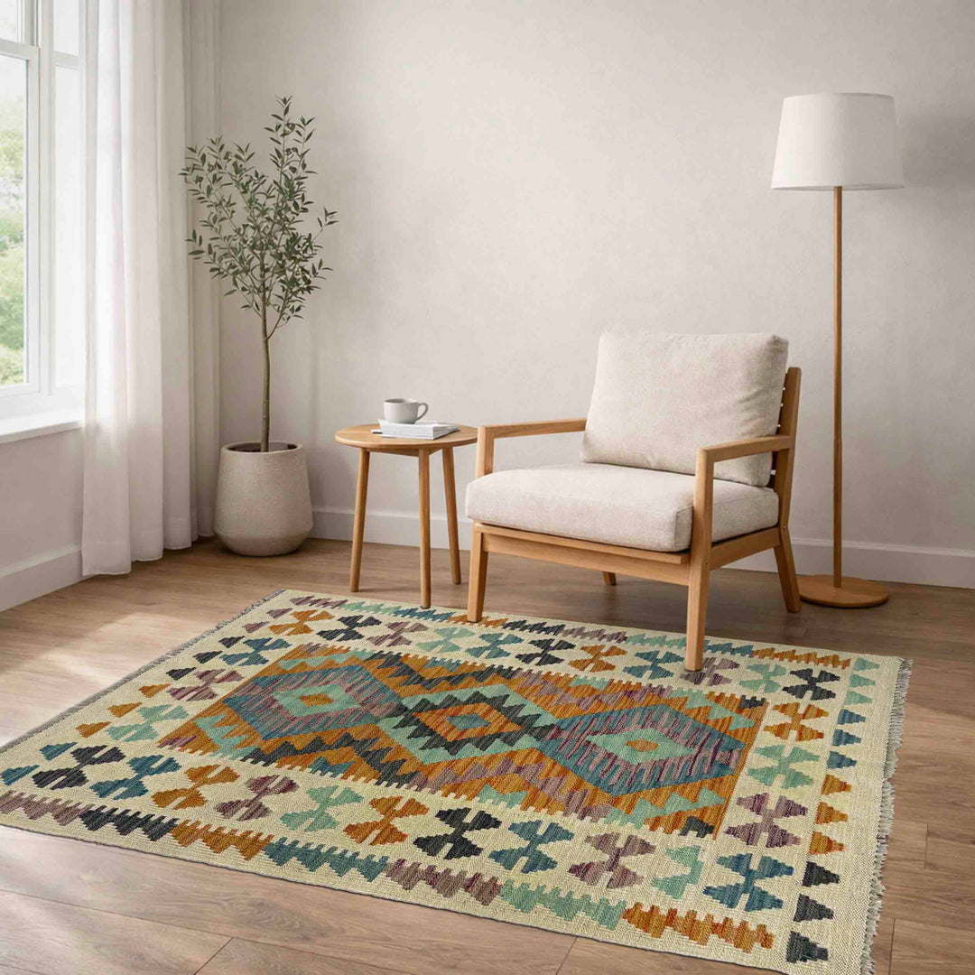Afghan Vegetable Kilim Rug 2'7" x 4'3" Flat-Weave reverse