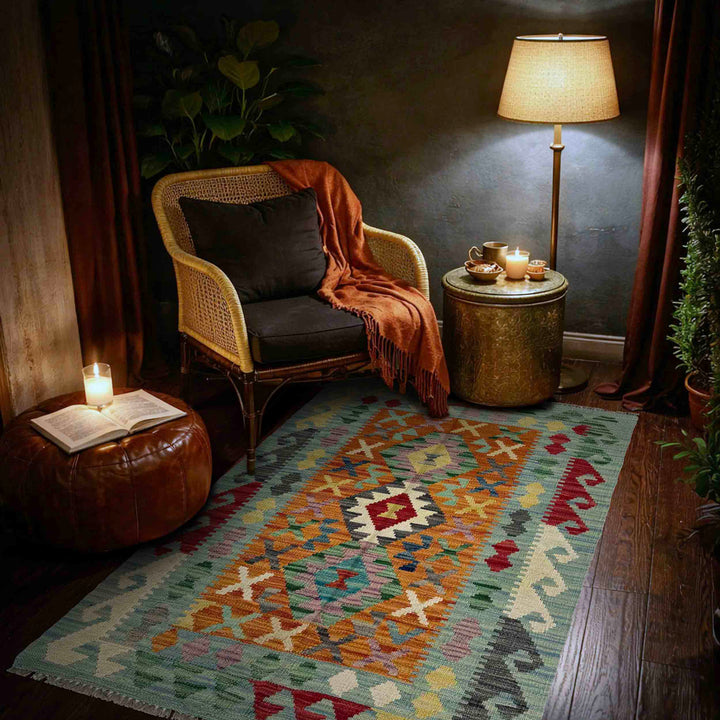 Afghan Vegetable Kilim Rug 2'7" x 4'5" Flat-Weave reverse