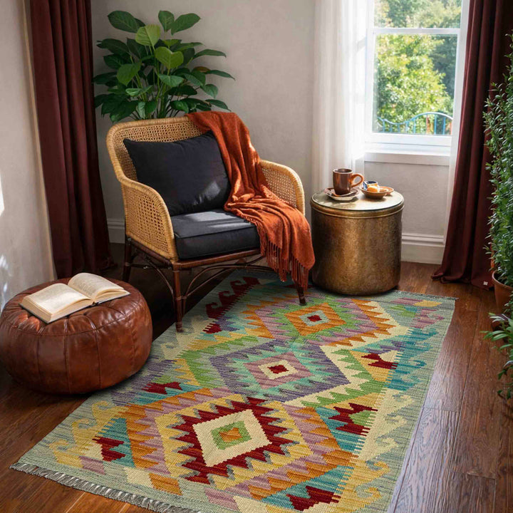 Afghan Vegetable Kilim Rug 2' 5" x 3' 10" Flat-Weave reverse