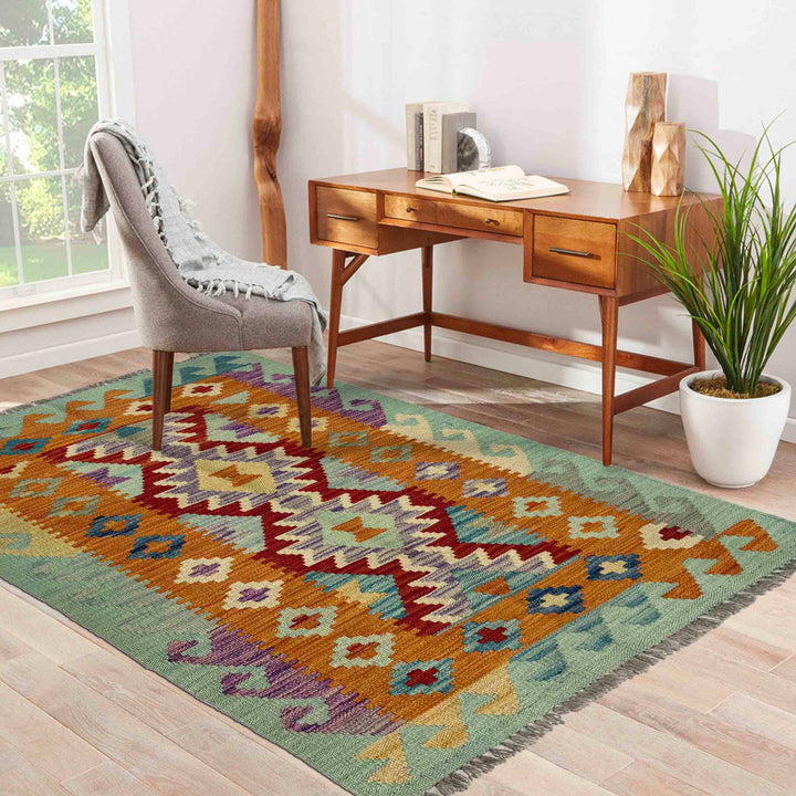 Afghan Vegetable Kilim Rug 2'7" x 4'2" Flat-Weave reverse