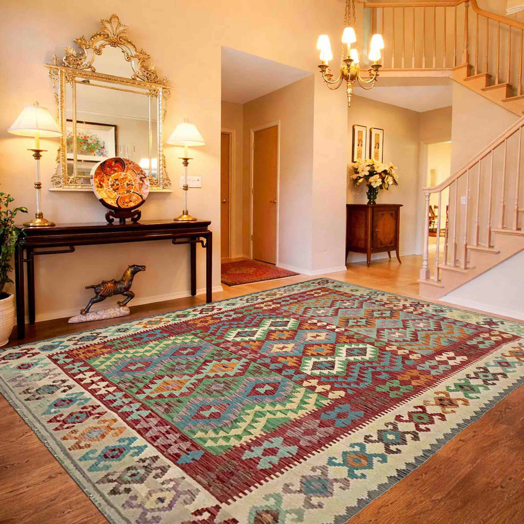 Afghan Vegetable Kilim Rug 6'8" x 9'9" Flat-Weave reverse