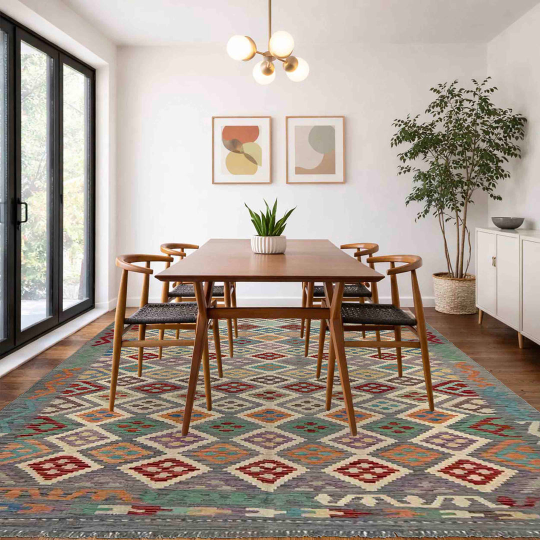 Afghan Vegetable Kilim Rug 6' 4" x 9' 9" Flat-Weave reverse
