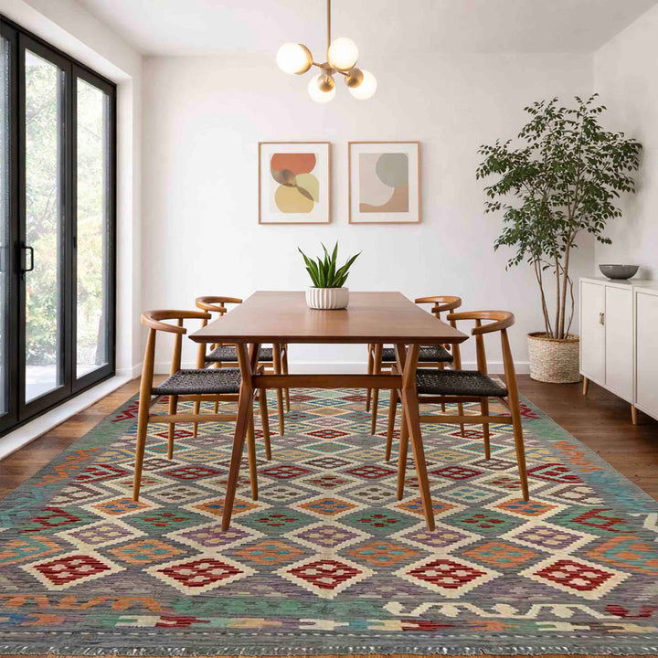Afghan Vegetable Kilim Rug 6' 4" x 9' 9" Flat-Weave reverse