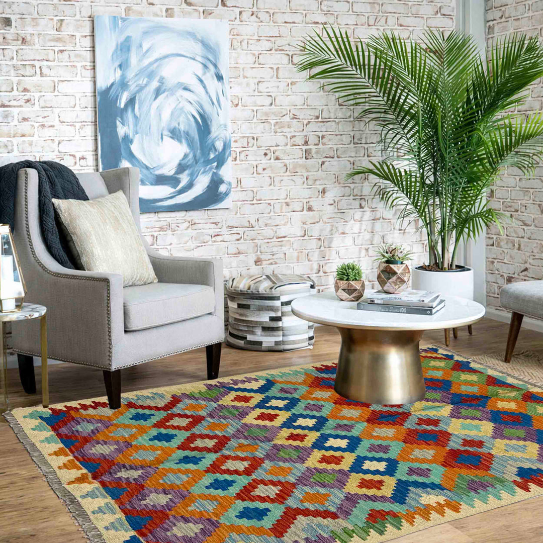 Afghan Vegetable Kilim Rug 3' 3" x 4' 11" Flat-Weave reverse
