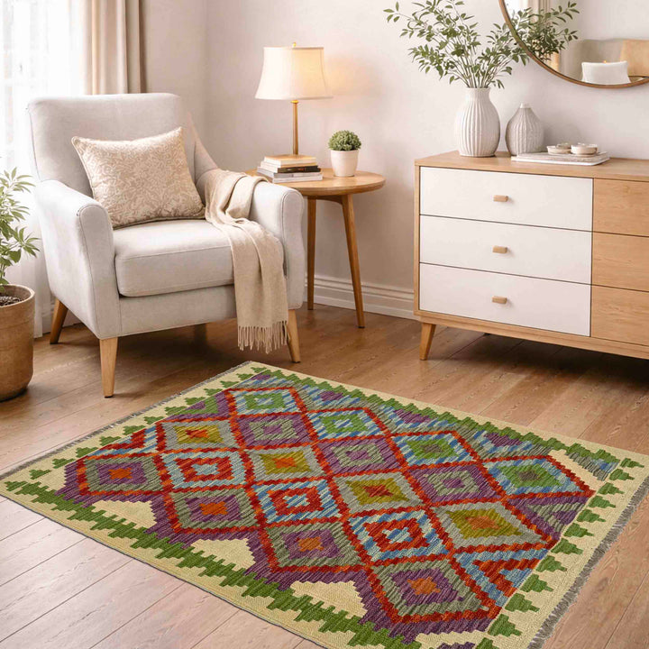 Afghan Vegetable Kilim Rug 3' 3" x 4' 9" Flat-Weave reverse